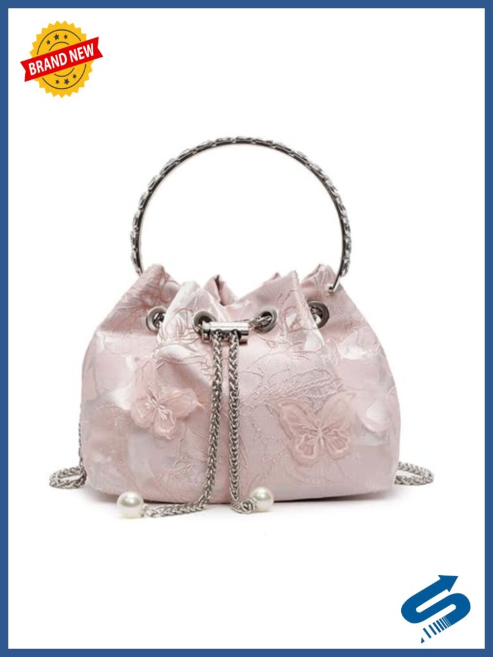 Embroidered Butterfly Bucket Evening Bag PU Leather Chain Strap Clutch